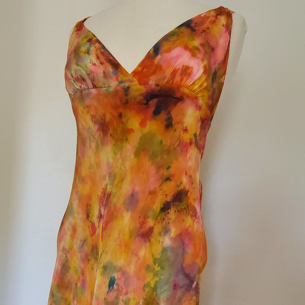 Silk Short midi halter Dress 0 2 4 6 bridesmaid party dyed painted yellow green